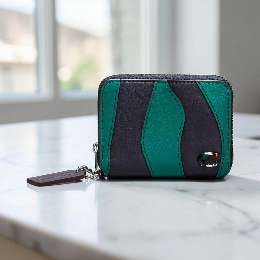 Coach Zip Around Wallet In Wavy Stripe Upcrafted Leather Navy Green CQ865
